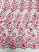 3D Floral Leaf Line Panels - Bubble Gum - 3D Embroidered Flower Lines with Pearls on Lace By Yard