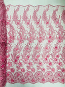 3D Floral Leaf Line Panels - Bubble Gum - 3D Embroidered Flower Lines with Pearls on Lace By Yard