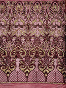Damask Open Heart Design - Burgundy / Gold - Embroidered 4 Way Stretch Sequins Fabric By Yard