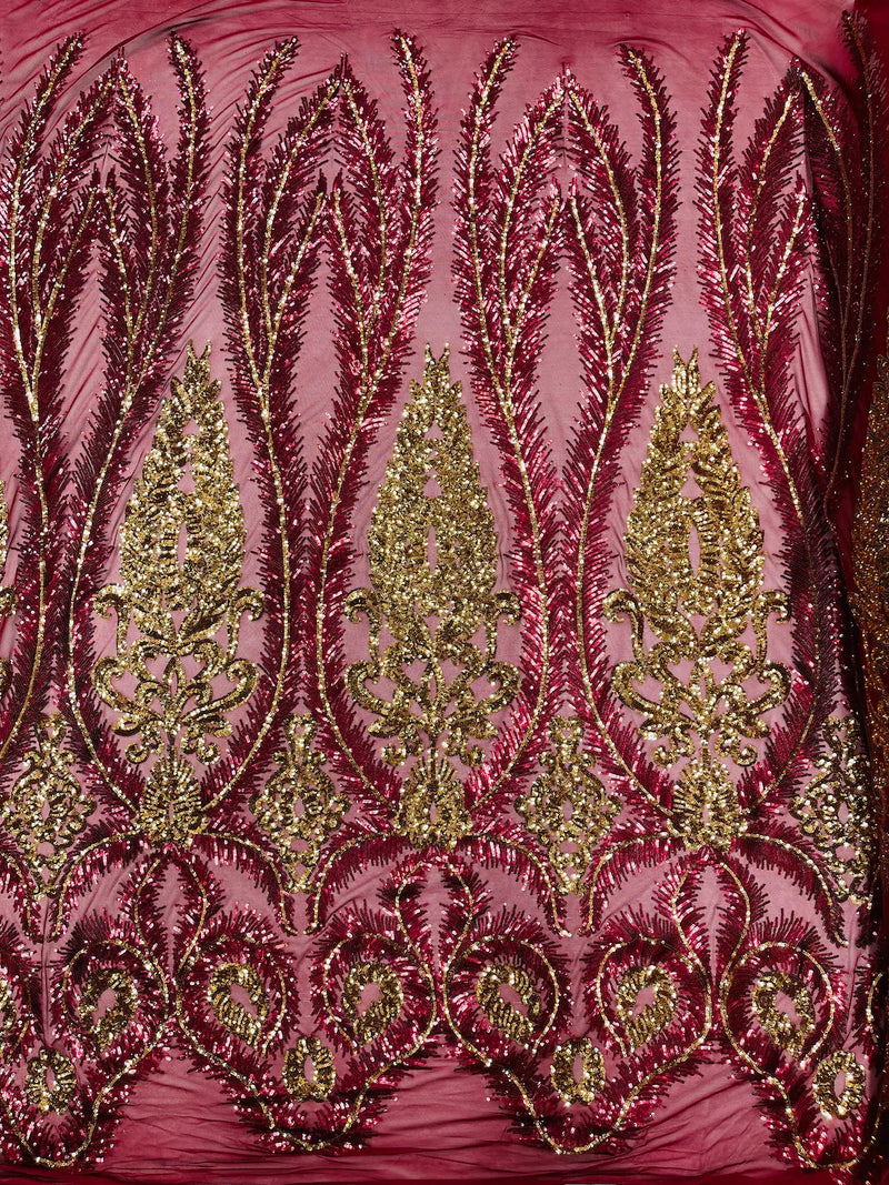 Palm Leaf Damask Sequins - Burgundy / Gold - 4 Way Stretch Sequins Leaf Design Fabric By Yard