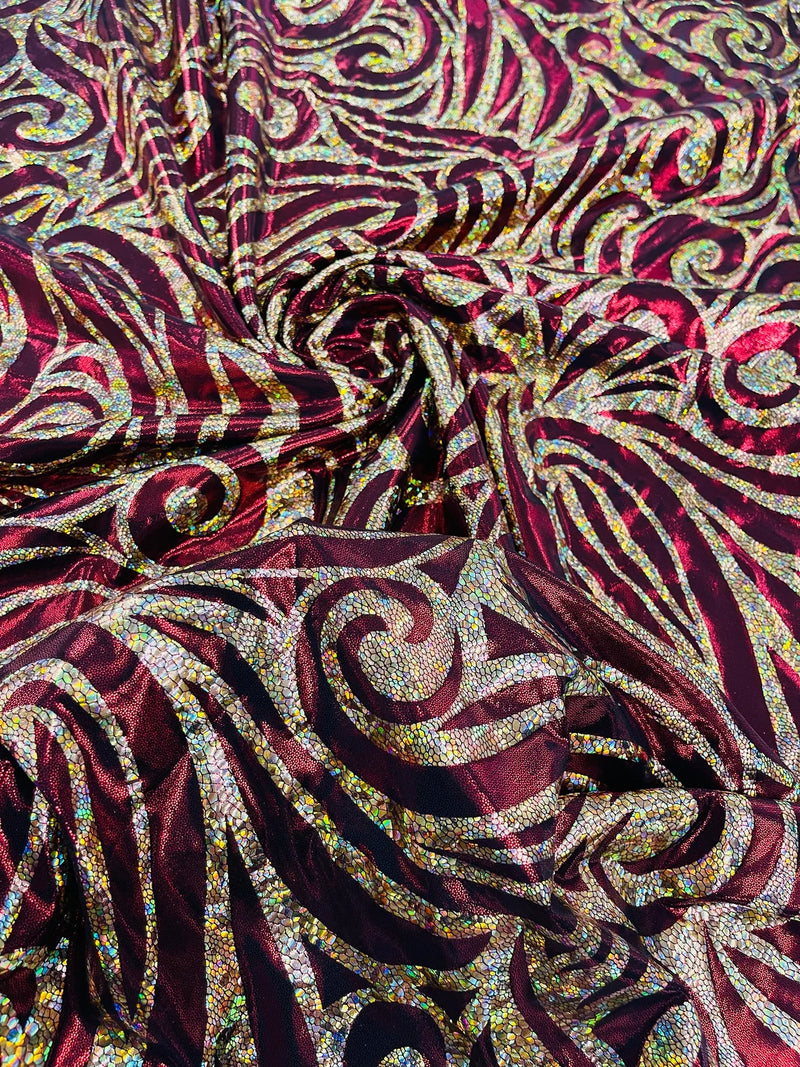 Tribal Swirl Design Spandex - Burgundy / Gold - 4 Way Stretch Milliskin Holographic Fabric by Yard