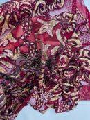 Damask Open Heart Design - Burgundy / Gold - Embroidered 4 Way Stretch Sequins Fabric By Yard