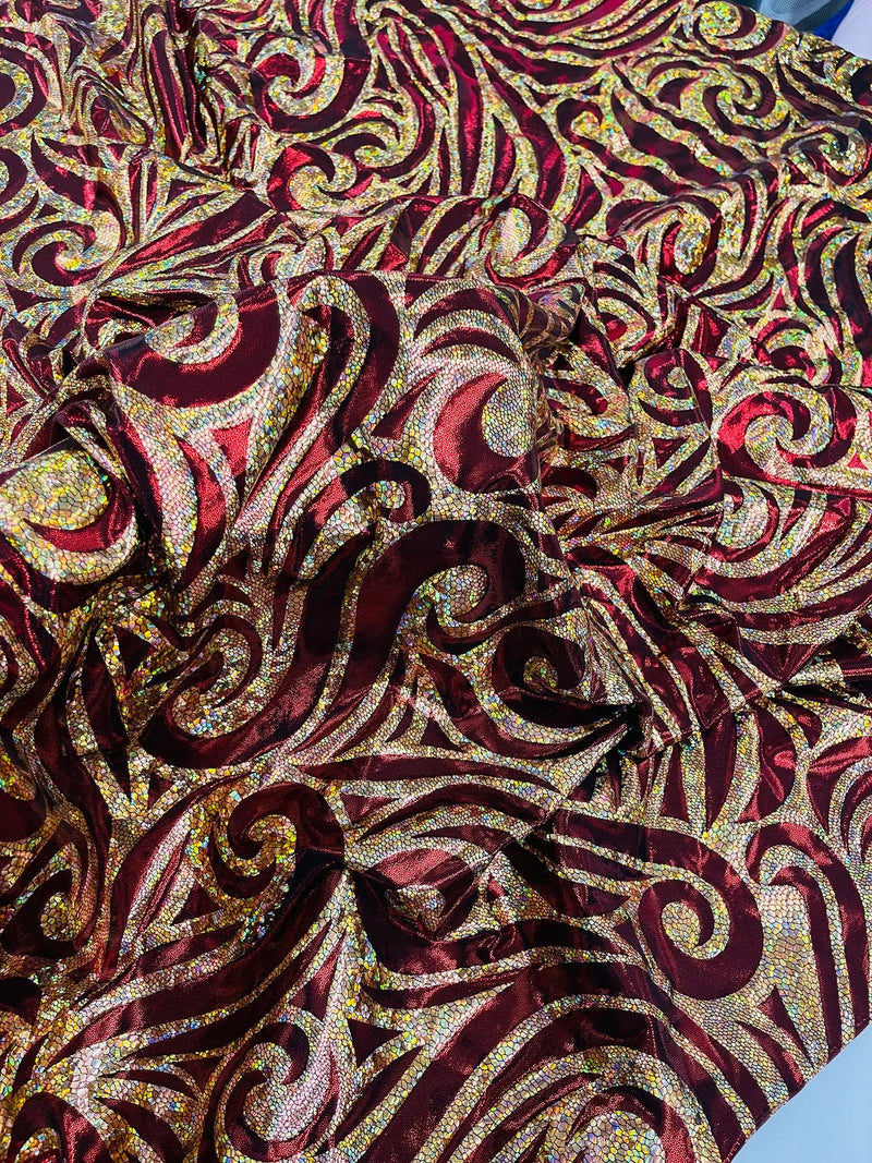 Tribal Swirl Design Spandex - Burgundy / Gold - 4 Way Stretch Milliskin Holographic Fabric by Yard