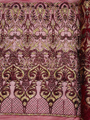 Damask Open Heart Design - Burgundy / Gold - Embroidered 4 Way Stretch Sequins Fabric By Yard