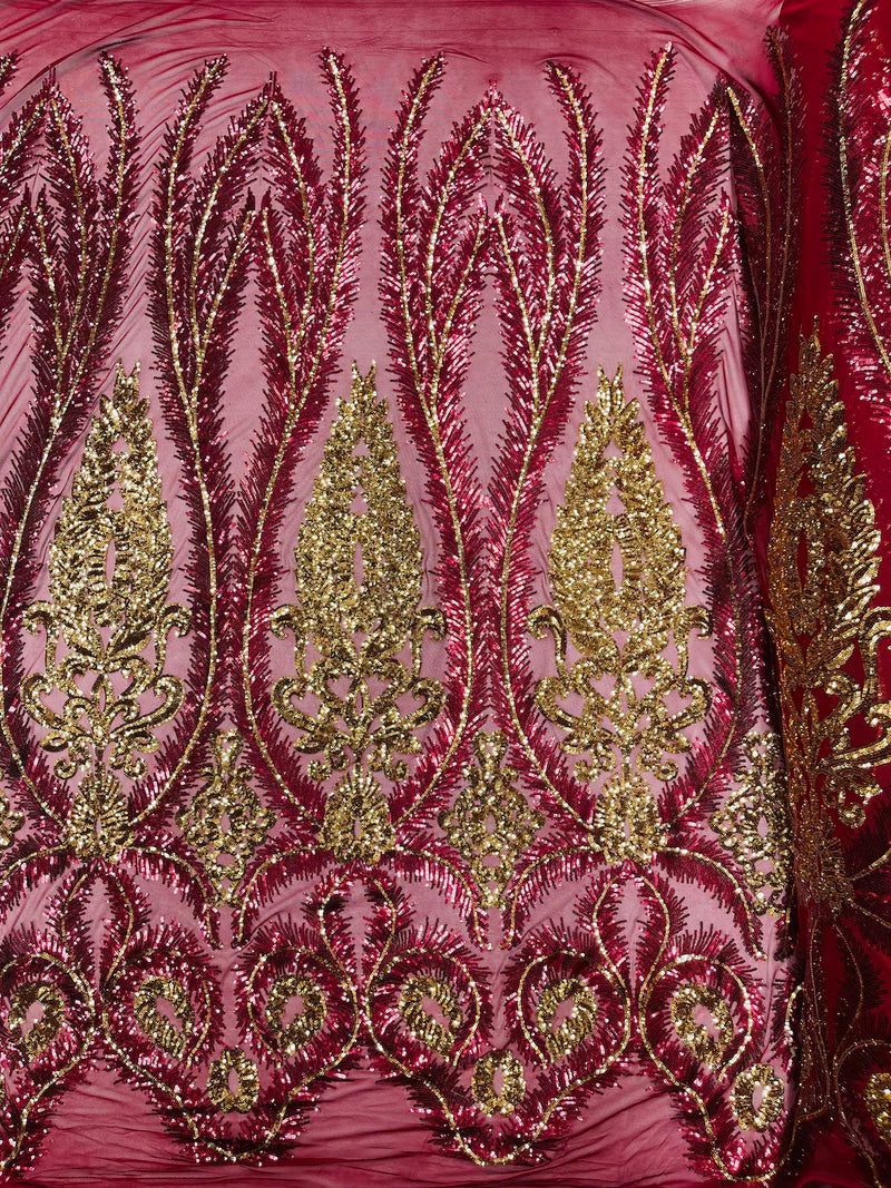 Palm Leaf Damask Sequins - Burgundy / Gold - 4 Way Stretch Sequins Leaf Design Fabric By Yard