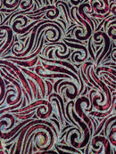 Tribal Swirl Design Spandex - Burgundy / Gold - 4 Way Stretch Milliskin Holographic Fabric by Yard