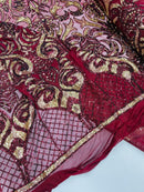 Damask Open Heart Design - Burgundy / Gold - Embroidered 4 Way Stretch Sequins Fabric By Yard