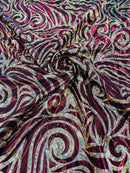 Tribal Swirl Design Spandex - Burgundy / Gold - 4 Way Stretch Milliskin Holographic Fabric by Yard
