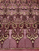 Damask Open Heart Design - Burgundy / Gold - Embroidered 4 Way Stretch Sequins Fabric By Yard