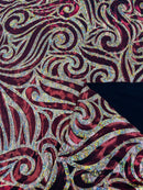 Tribal Swirl Design Spandex - Burgundy / Gold - 4 Way Stretch Milliskin Holographic Fabric by Yard