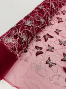 3D Butterfly Sequins Bead Fabric - Burgundy / Silver - Sequins Embroidered Beaded Fabric By Yard