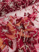 3D Butterfly Sequins Bead Fabric - Burgundy / Silver - Sequins Embroidered Beaded Fabric By Yard