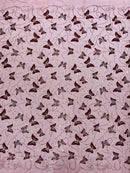 3D Butterfly Sequins Bead Fabric - Burgundy / Silver - Sequins Embroidered Beaded Fabric By Yard