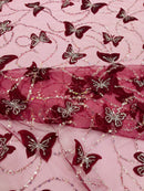 3D Butterfly Sequins Bead Fabric - Burgundy / Silver - Sequins Embroidered Beaded Fabric By Yard