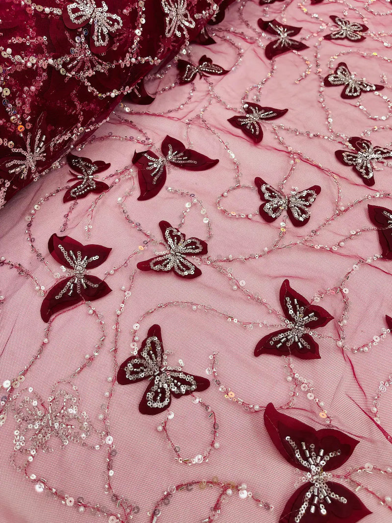 3D Butterfly Sequins Bead Fabric - Burgundy / Silver - Sequins Embroidered Beaded Fabric By Yard