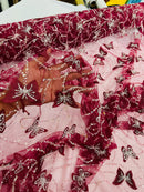 3D Butterfly Sequins Bead Fabric - Burgundy / Silver - Sequins Embroidered Beaded Fabric By Yard