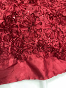 Sequins Satin Rosette Fabric - Burgundy - 3D Satin Rose Sequins Floral Fabric Sold By The Yard
