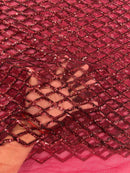 Diamond Net Sequins Fabric - Burgundy - Geometric Diamond Net Design on Mesh Lace Fabric By Yard