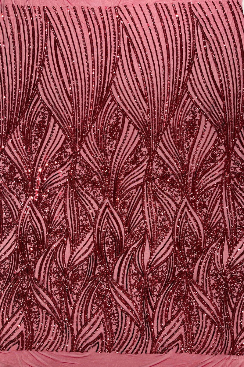 Curvy Design Sequins Fabric - Burgundy - 4 Way Stretch Curvy Sequins Design Mesh Fabric by Yard