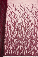Flaming Fire Design Bead Fabric - Burgundy  - Beaded Embroidered Fabric By Yard