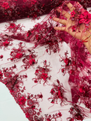 3D Flower Pearl Design - Burgundy - Embroidered Sequins Floral Clusters Lace Fabric By Yard