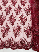 Beaded Sequins Floral Fabric - Burgundy - Embroidered Beaded Floral Clusters Sequins Fabric By Yard