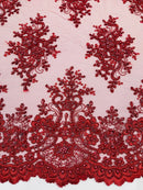 Isabela Design - Burgundy - Embroidery Beaded Fabric With Sequin on a Mesh Fabric by the yard