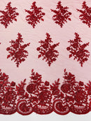 Flower Lace Sequins Fabric - Burgundy - Embroidered Floral Pattern Fabric with Sequins on Lace By Yard