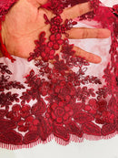 Flower 3D Corded Fabric - Burgundy - Lace Mesh Fabric Embroidered Floral Design by Yard