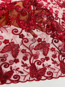 Butterflies Swirl Design - Burgundy -  Metallic Sequins Butterflies on Lace Fabric By Yard