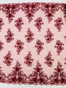 3D Rhinestone Flower Fabric - Burgundy - 3D Flower Beaded Clusters with Sequins and Rhinestones By Yard