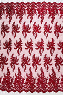 Braid Leaf Designs Lace Fabric - Burgundy - Embroidered Floral Leaf Pattern on Lace Mesh Fabric By Yard