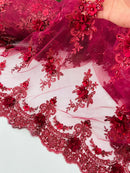 3D Floral Sequins Design - Burgundy - Embroidered Floral Lace Fabric With Sequins / Pearls By Yard