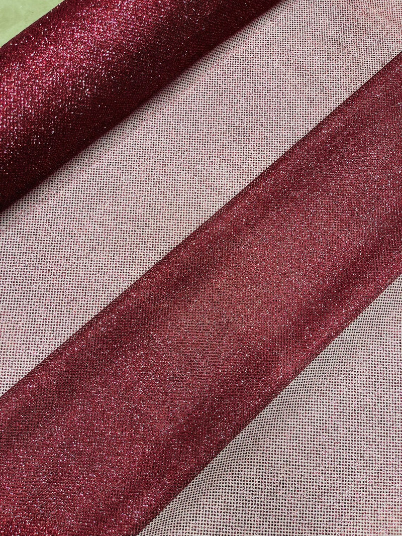 Glitter Lace Mesh Fabric - Burgundy - Shimmer Glitter Dot Design on Mesh Lace By Yard