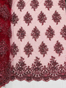 Heavy Bridal Lace Fabric - Burgundy - Floral Beaded Heavy Lace Fabric Sold by Yard