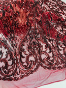 Heart Shape Sequins Fabric - Burgundy - 4 Way Stretch Sequins Damask Fabric By Yard