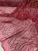 Beaded Wavy Fabric Design - Burgundy - Bead and Sequins Wavy Lace Fabric By Yard