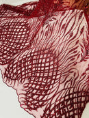 Beaded Embroidered Fabric - Burgundy - Embroidered Heart and Feather Pattern Fabric Sold By Yard