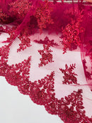 Floral Damask Bead Fabric - Burgundy - Embroidered Floral Clusters with Beads / Sequins by Yard