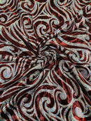 Tribal Swirl Design Spandex - Burgundy - 4 Way Stretch Milliskin Holographic Fabric by Yard