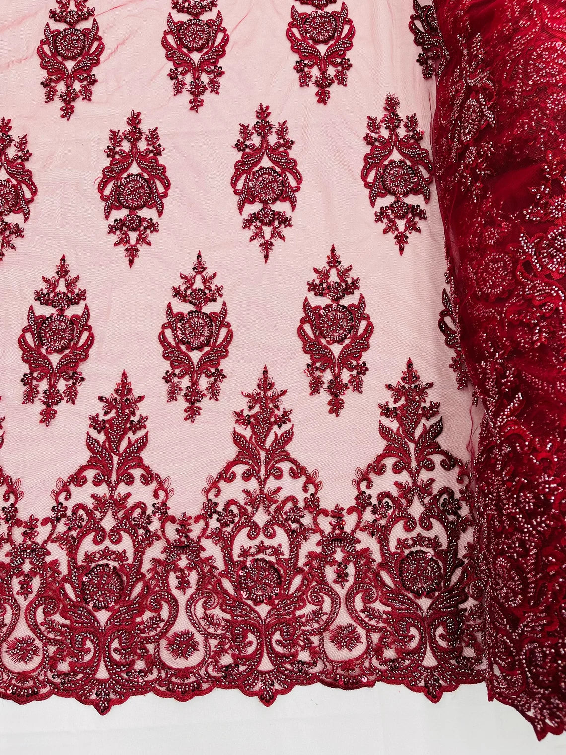 Burgundy paisley flower guipure, wedding/bridal/prom/nightgown fabric sold by the yard main image 1
