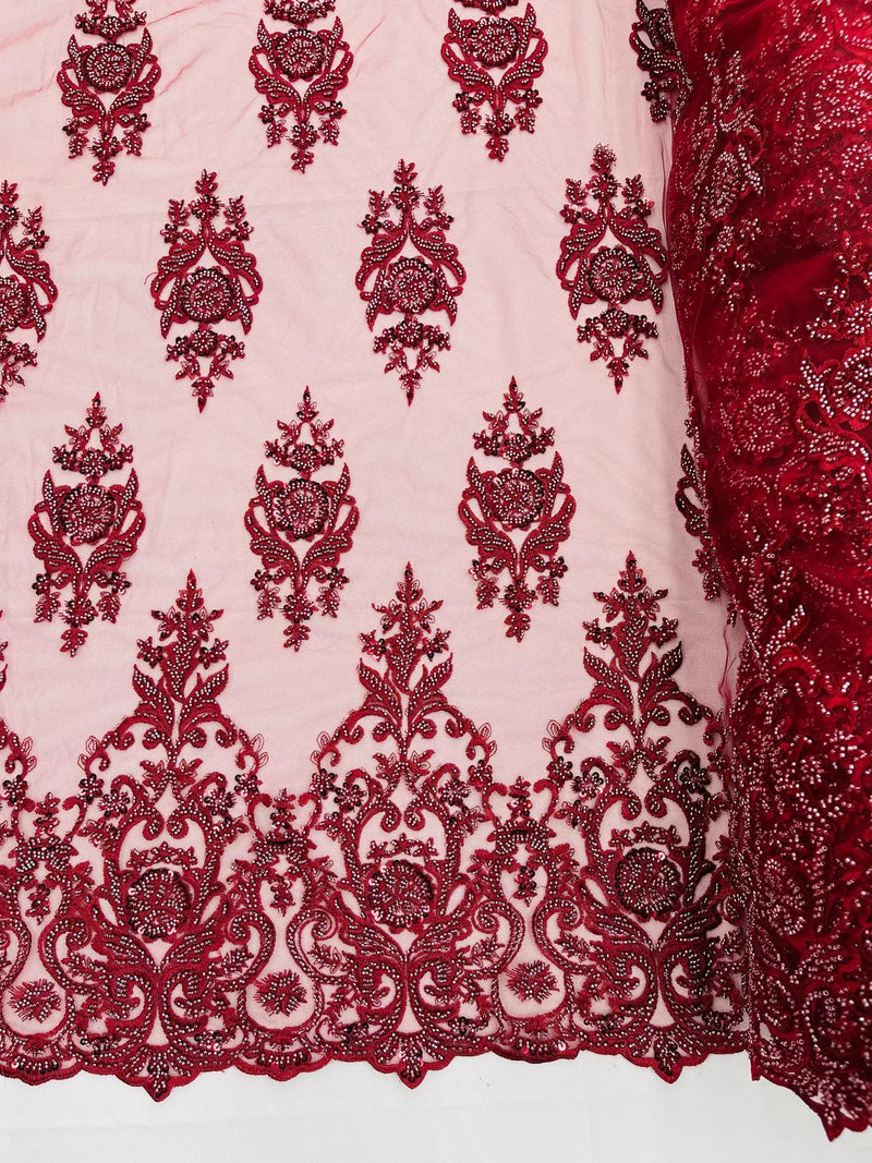 Embroidered Bead Fabric - Burgundy - Floral Damask Bead Bridal Lace Fabric by the yard