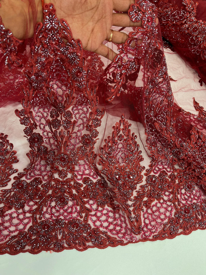 Beaded Floral Fabric - Burgundy - Luxury Bridal Floral Pattern Fabric With Beads, Sequins Sold By Yard