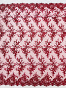 Plant Design Lace Fabric - Burgundy - Small Plant Flower Leaf Design Lace Fabric Sold By Yard