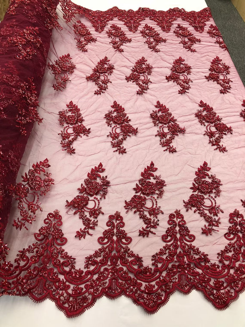 Floral Cluster Beaded Fabric - Burgundy - Embroidered Flower Beaded Fabric Sold By Yard