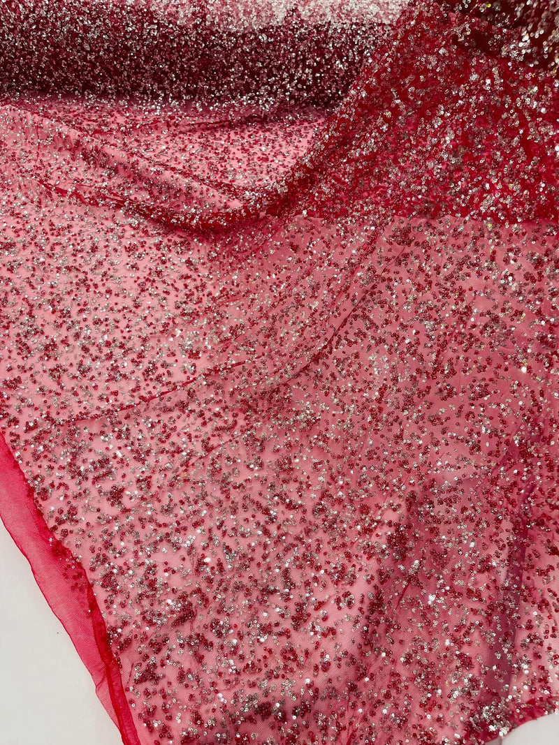 Bead/Sequins Lace Fabric - Burgundy - Small Sequins and Beads Embroidered on Lace Fabric By Yard