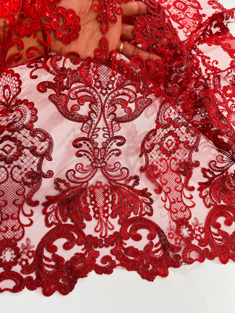 King Lace Design Fabric - Burgundy - King Design with Sequins Embroidered On Mesh By Yard