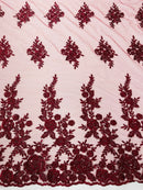 Rose Beaded Sequin Fabric - Burgundy - Embroidered Floral Pattern with Beads and Sequins By Yard