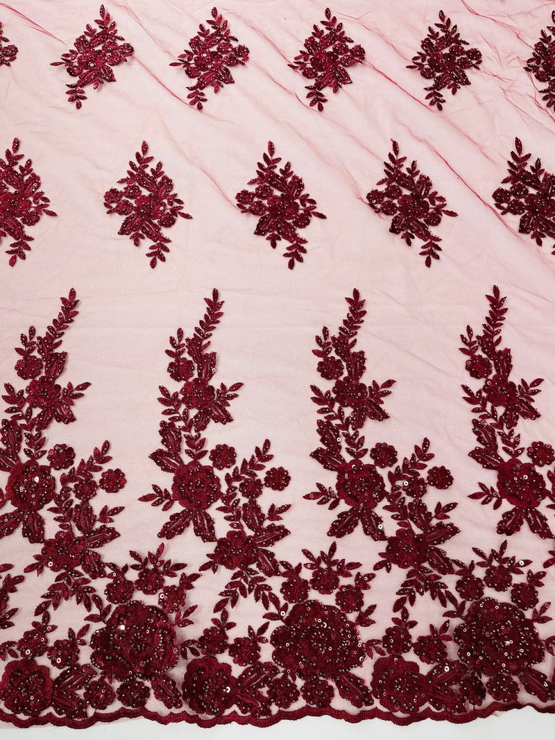 Rose Beaded Sequin Fabric - Burgundy - Embroidered Floral Pattern with Beads and Sequins By Yard