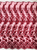 3D Floral Leaf Line Panels - Burgundy - 3D Embroidered Flower Lines with Pearls on Lace By Yard